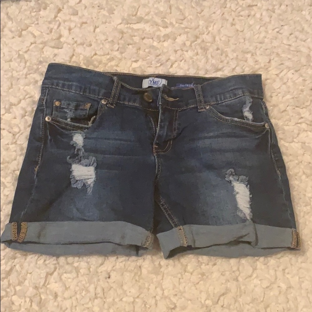 Distressed denim jean shorts